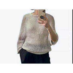 Vivienne Tam Knit Mesh Sweater MED Gray Crochet Boho Lagenlook Boxy Hippie Artsy